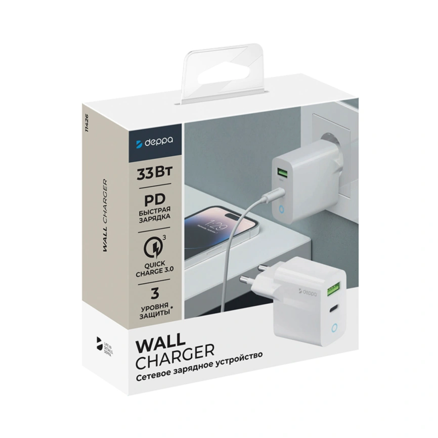 Сетевое зарядное устройство Deppa 33W USB-A/USB-C 11426 White фото 2